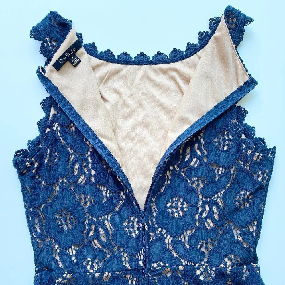 City Studio Navy Lace Fit & Flare Mini Dress 3 / S - Picture 6 of 11